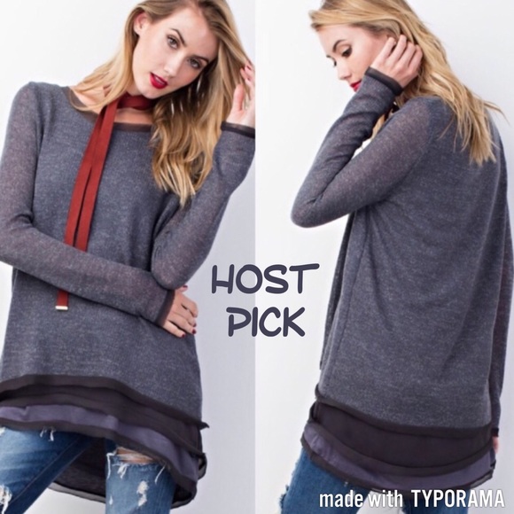 Sweaters - Blue-Gray Chiffon Trimmed Tunic Sweater
